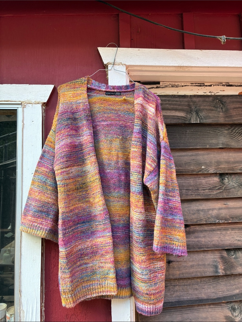 Black Tape_ Multicolor Open Cardigan in Pink, Purple, Yellow & Blue